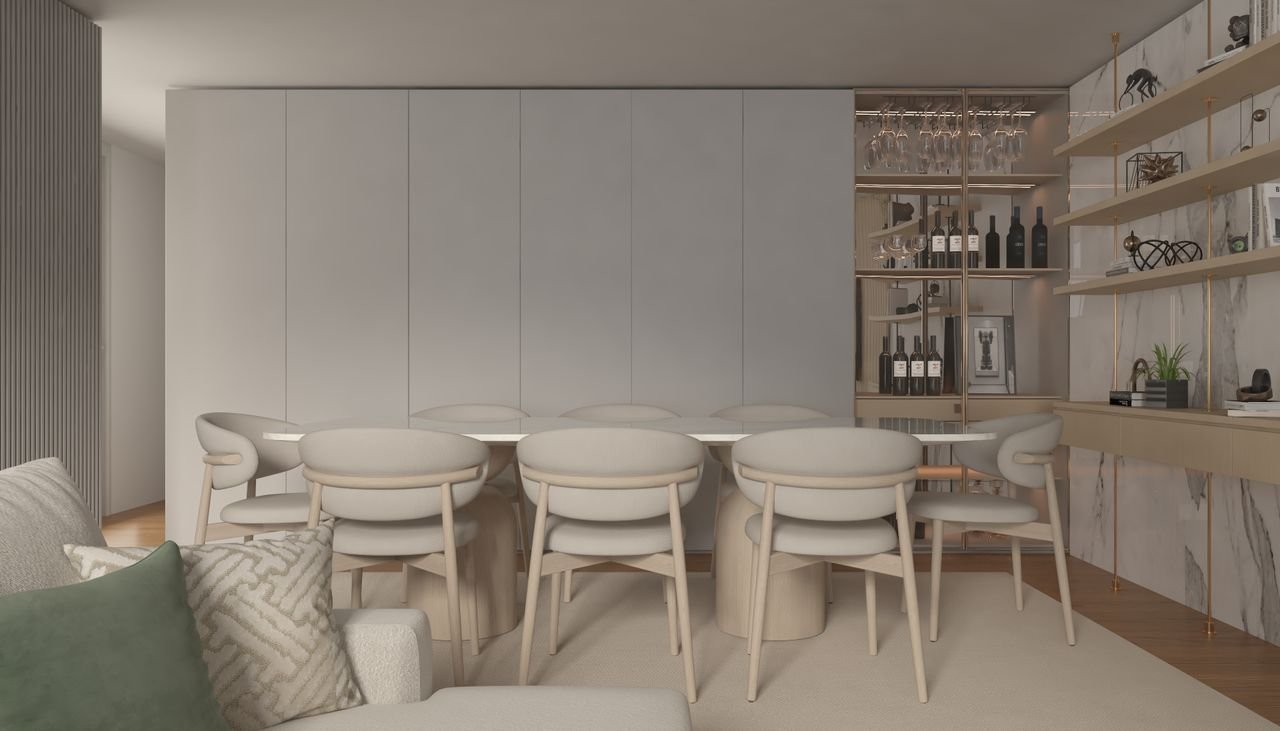 Sleek dining room featuring modern furniture and elegant interior design.