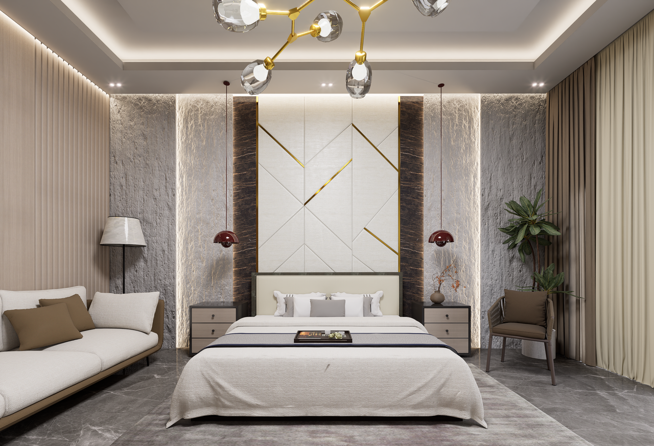 Stylish and elegant modern bedroom interior with contemporary design elements.